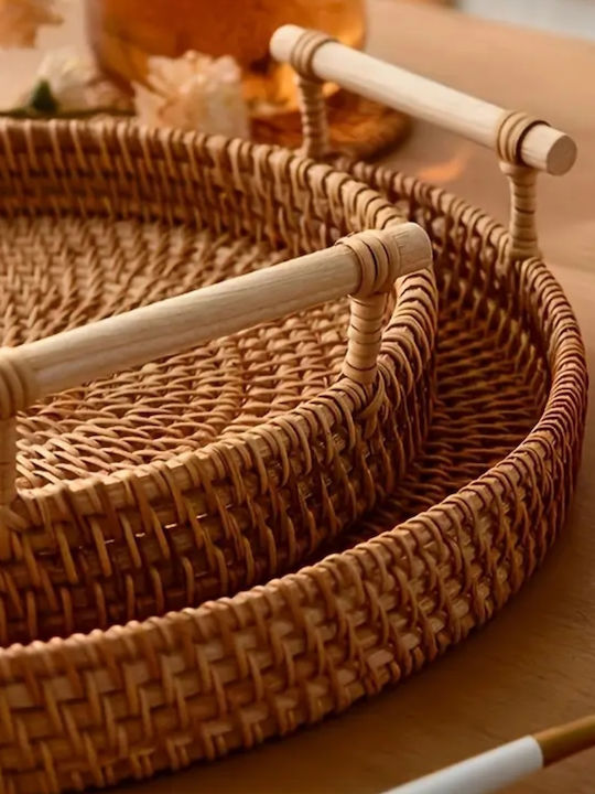 Tatu Moyo Wooden Round Serving Tray with Handles in Beige Color 27x27x4.5cm 1255208380 1pcs