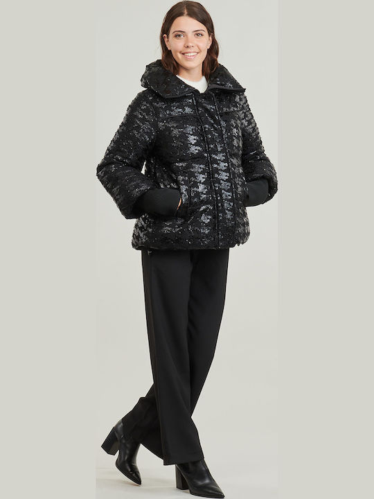 Kurz Damen Puffer Jacke für Winter Schwarz