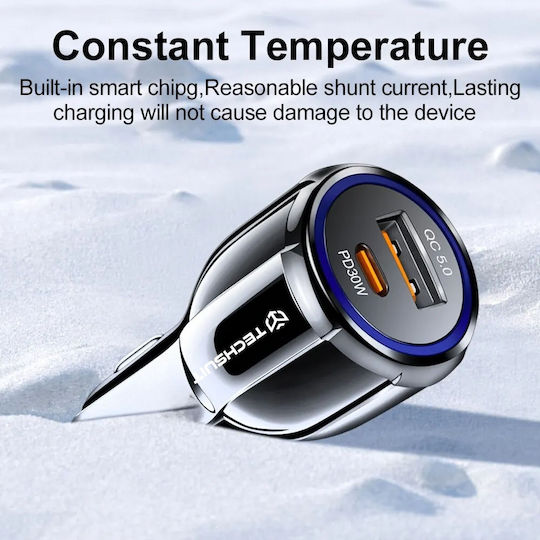 Techsuit Premium Auto-Ladegerät 30W mit Anschlüssen: 1xUSB 1xType-C Schwarz Farbe