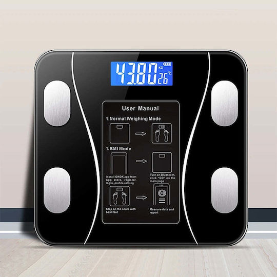 Cântar Inteligent pentru Corp Termometru Diagnostic USB Bluetooth Aplicație Fitness Sticlă Călită LCD Negru