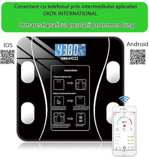 Cântar Inteligent pentru Corp Termometru Diagnostic USB Bluetooth Aplicație Fitness Sticlă Călită LCD Negru