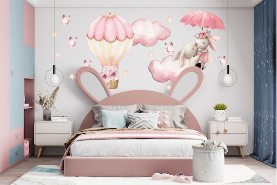Kinder Wandsticker Rosa Hasen Ballon Wolken Schmetterlinge 60x120