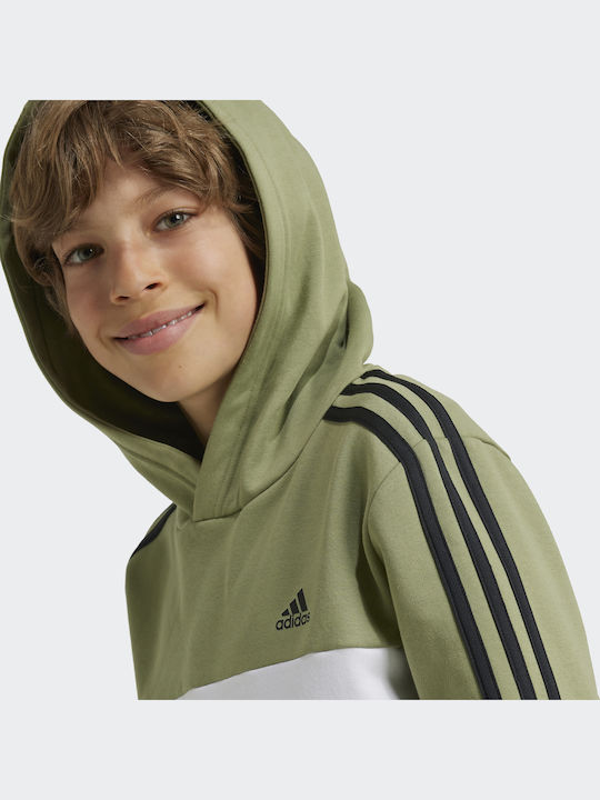 Fleece Παιδικό Φούτερ με Κουκούλα και Τσέπες Πράσινο 3-Stripes Colorblock