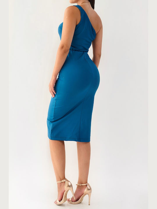 Simone Petrol Midi One-Shoulder Dress