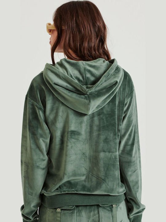 Lang Damen Sweatshirtjacke Samt Kapuzen Khaki