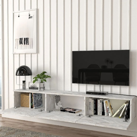 TV Stand Damla Made of Metal & Wood with LED Lighting White Marble Effect L180xD29.5xH29.5cm