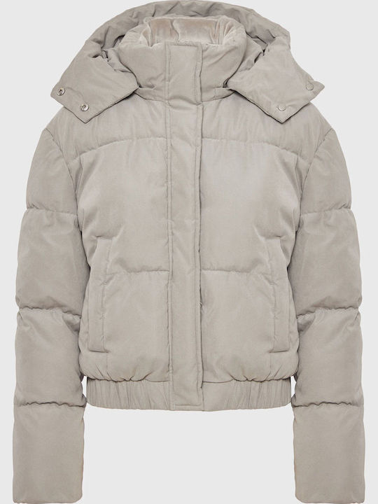 Women's Short Puffer Jacket for Winter with Hood Gray