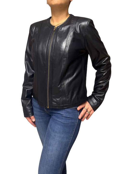 MARKOS LEATHER Women's Short Lifestyle Leather Jacket for Winter Dark blue