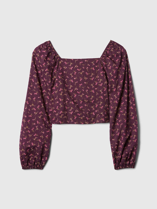 GAP Kids Crop Top Long Sleeve Burgundy Puff Sleeve