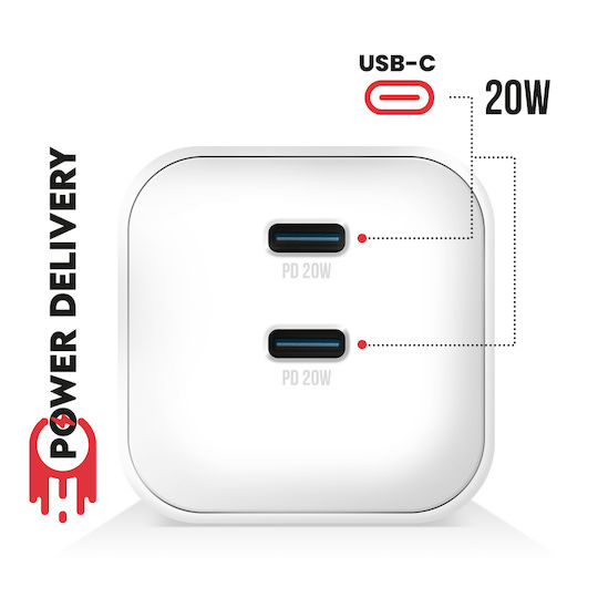 Swissten Φορτιστής Χωρίς Καλώδιο GaN με 2 Θύρες USB-C 20W Power Delivery Λευκός (22070500)