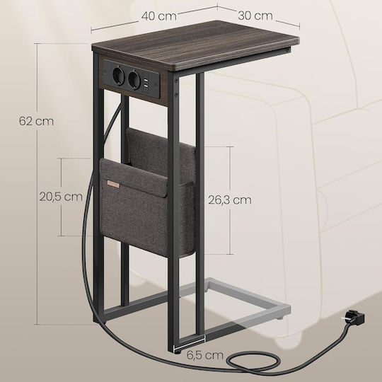 Beistelltisch mit integrierten Steckdosen & USB 40x30x62 Vasagle LET356K02 Holz Metall