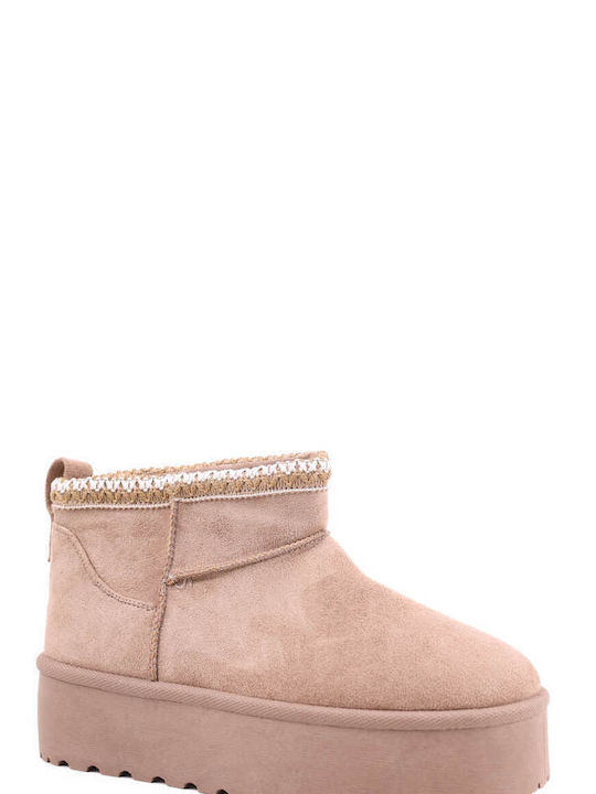 Dunkelbeige flache Fellstiefel mit Boho-Nähten