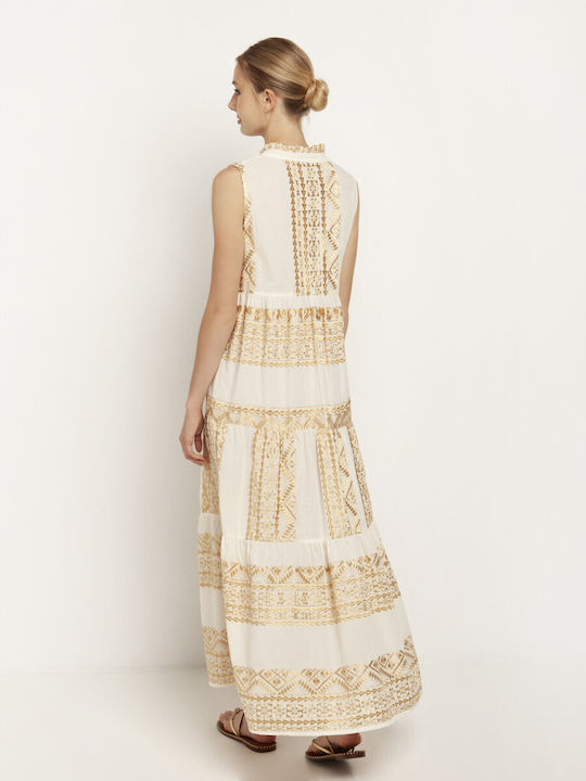 Greek Archaic Kori Summer Maxi Dress with Ruffle White/Gold