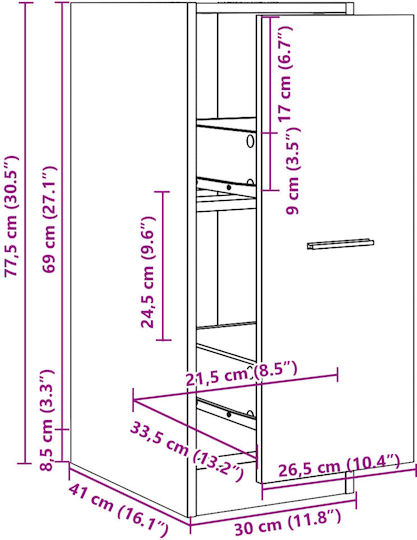 vidaXL Büroaufbewahrungsschublade aus Holz und Metall Grau 30x41x77,5cm