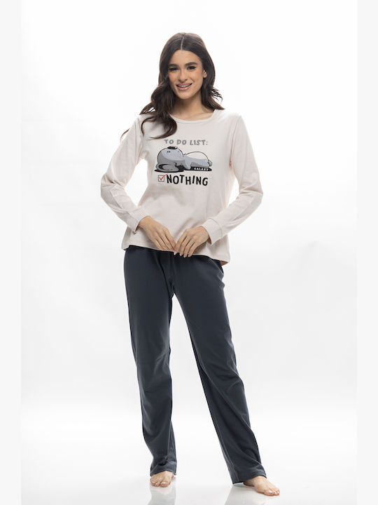 Galaxy Winter Damen Pyjama-Set Baumwolle Εκρού/ανθρακί