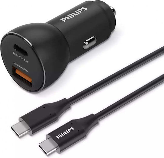 Philips Încărcător Auto Cu Mufă De Brichetă 36W 3A Cu Porturi 1xUSB-A 1xType-C Împreună Cu Cablu Type-C Culoare Neagră