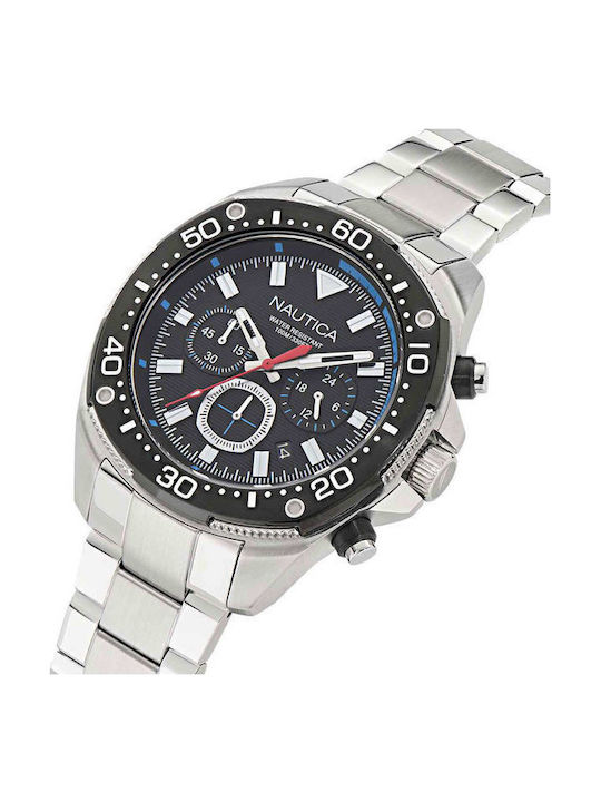 Nautica Ανδρικό Ρολόι 46mm Χρονογράφος Μπαταρίας με Ασημί Μεταλλικό Μπρασελέ