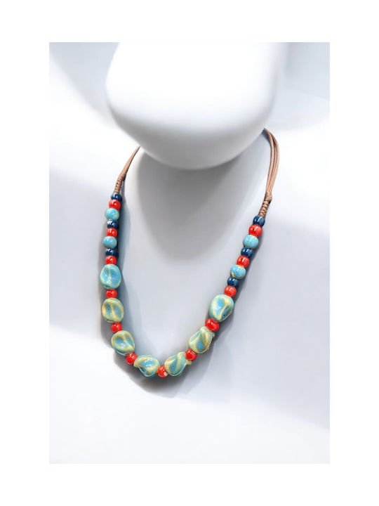 Necklace with Ceramic Blue Red Beads Bohemian Style