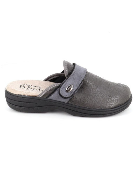 B-Soft Leather Winter Women's Slippers in Gray color