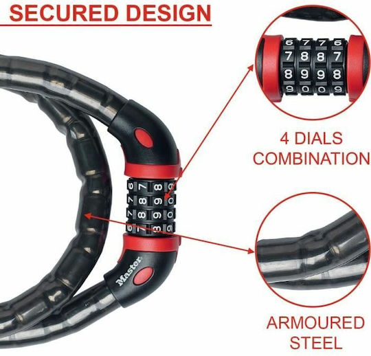 Master Lock 8226 Combination Cable Lock Κλειδαριά Ποδηλάτου Κουλούρα με Κλειδί Μαύρη