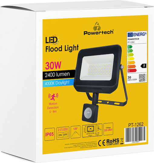 Powertech Waterproof LED Floodlight 30W Natural White 4000K with Motion Sensor IP65