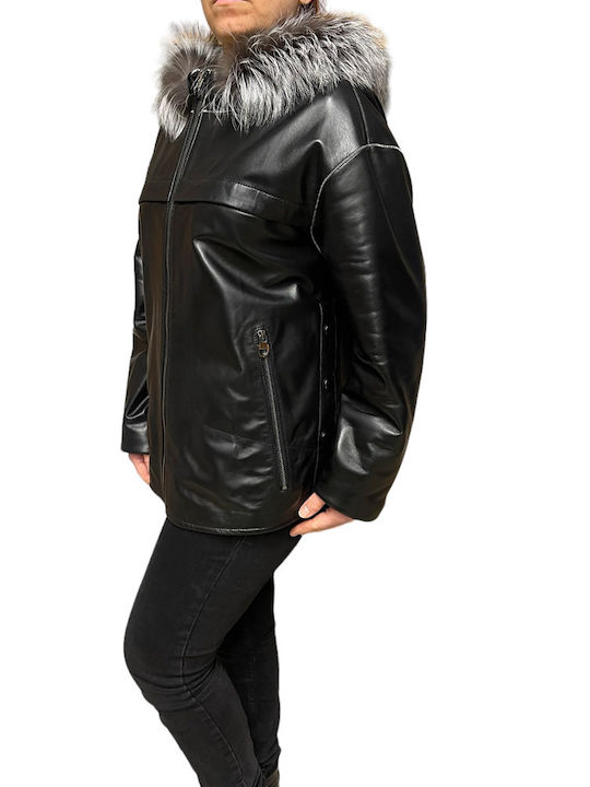 MARKOS LEATHER Women's Short Lifestyle Artificial Leather Jacket Double Sided for Winter with Hood BLACK