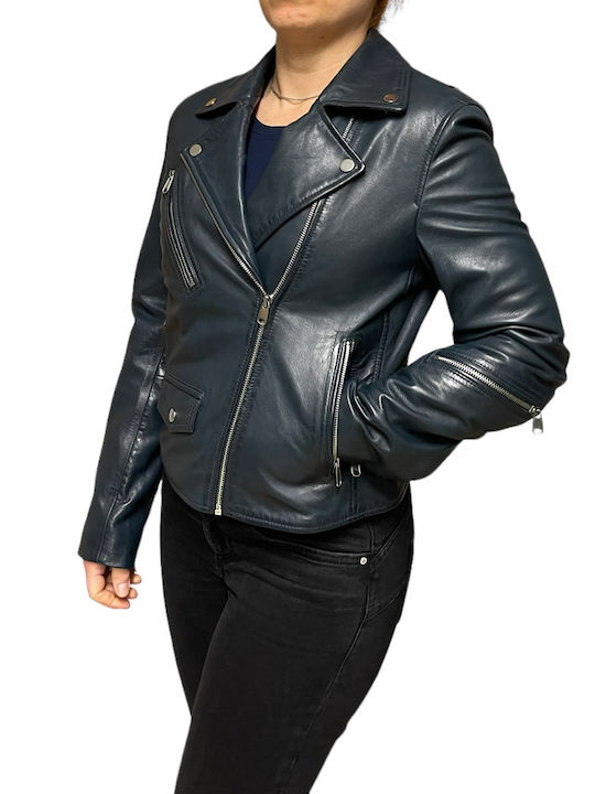 MARKOS LEATHER Δερμάτινο Γυναικείο Biker Jacket Μπλε