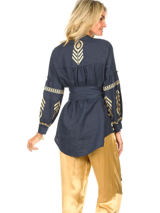 Greek Archaic Kori Μακρύ Γυναικείο Κιμονό Navy Blue/gold