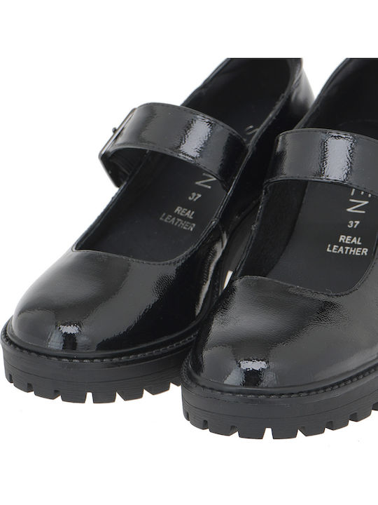 Patent Leather Black Medium Heels with Strap