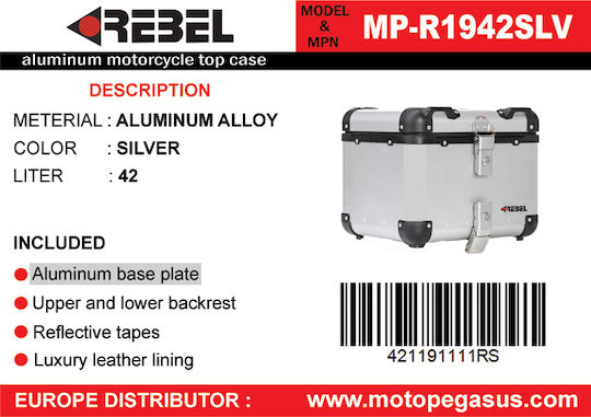 Rebel Aluminium Motorcycle Top Case 42lt Silver