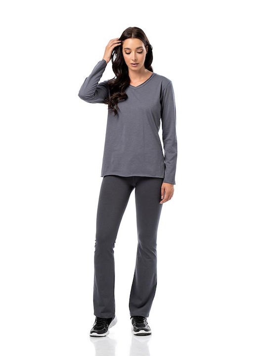 Bodymove Women's Blouse Cotton Long Sleeve with V Neckline Gray