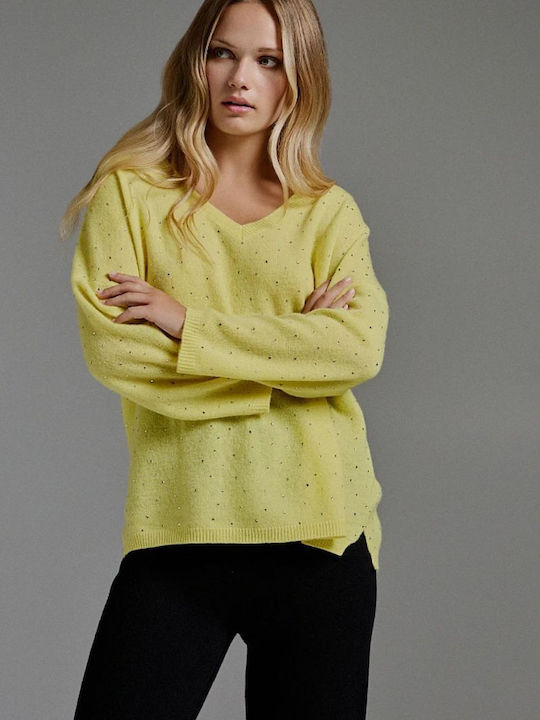 BSB Damen Pullover Wolle mit V-Ausschnitt Yellow