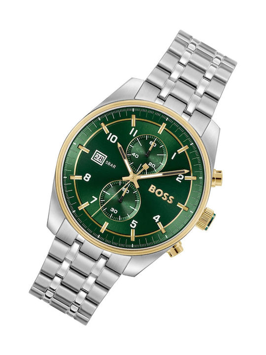 Boss Skytraveller Ανδρικό Ρολόι 44mm Χρονογράφος Μπαταρίας με Ασημί Μεταλλικό Μπρασελέ