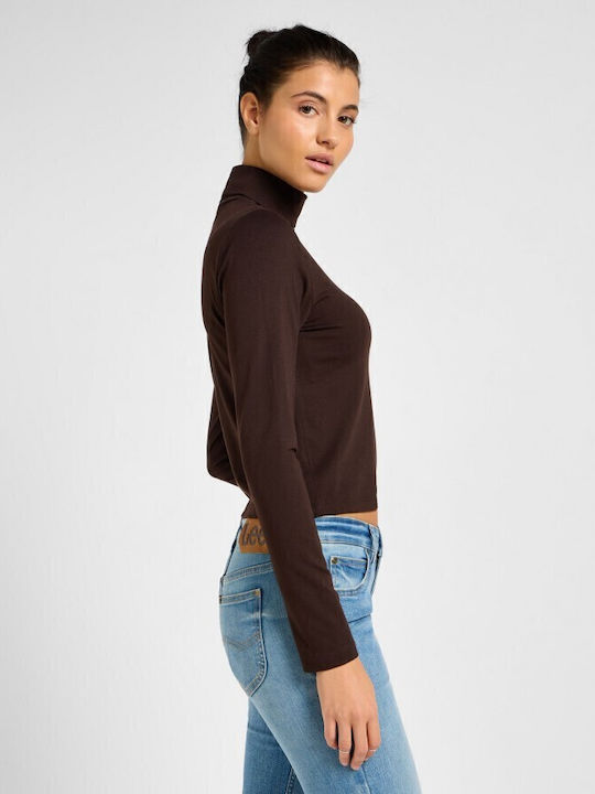 Damen Crop Top Baumwolle Rollkragenpullover Langarm Braun