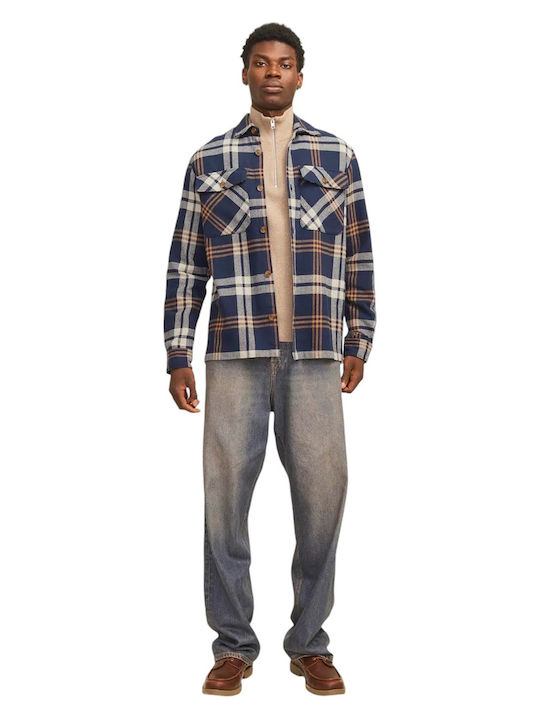 Melange Long Sleeve Cotton Overshirt In Regular Fit Checked Night Sky Multi
