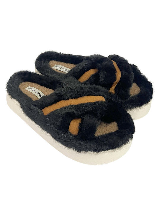 Ustyle Winter Women's Slippers with fur in Black color