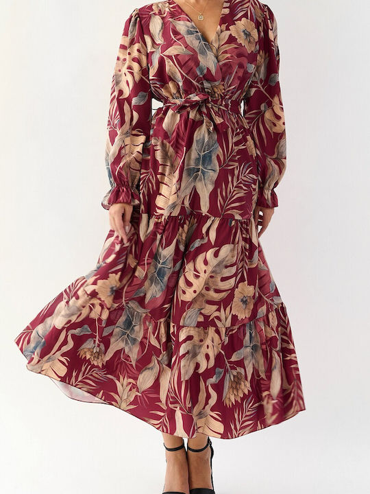 Luna Bordeaux Maxi Floral Dress with Belt