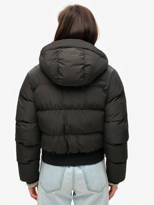 Superdry Women's Short Sports Jacket for Winter with Hood Black