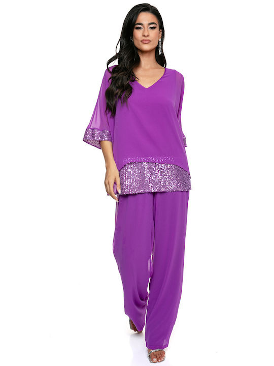 RichgirlBoudoir Women's Purple Set with Trousers in Straight Line