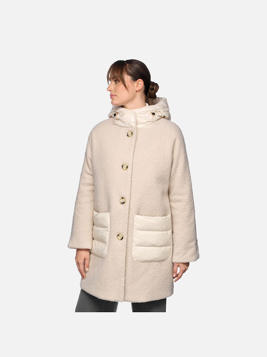 Geox Women's Long Puffer Jacket for Winter with Hood White