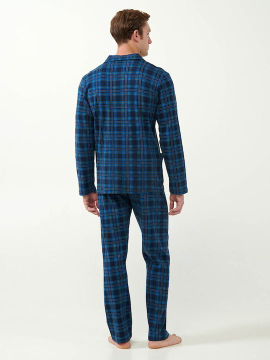 Vamp Men's Summer Cotton Checked Pajamas Set BLUE