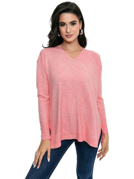 RichgirlBoudoir Women's Long Sleeve Sweater with V Neckline Pink