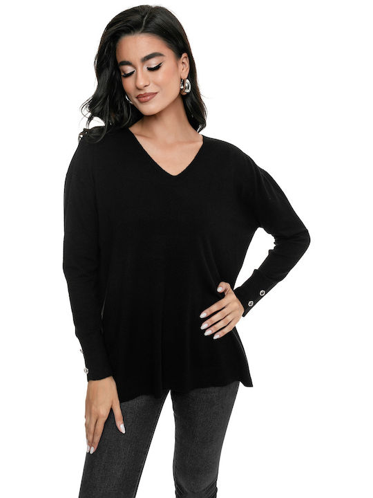 RichgirlBoudoir Women's Long Sleeve Sweater with V Neckline Black