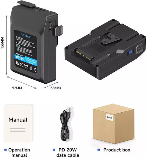 V Mount Battery High Capacity 6600mah To 15000mah Quick Charge Usb-c Bp-95 6600mah