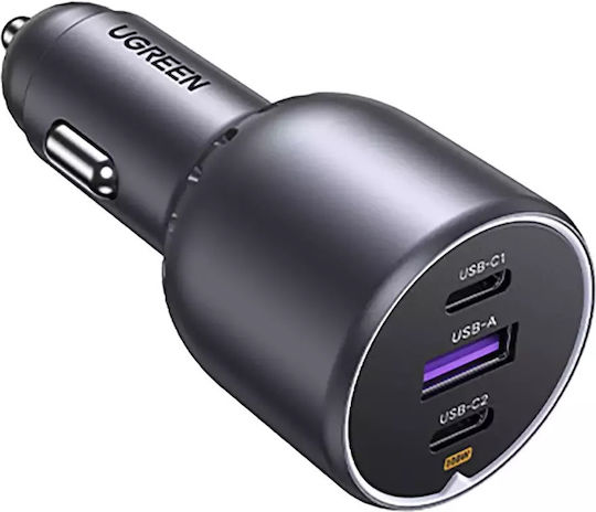 Ugreen Car Charger Gray with Ports: 1xUSB 2xType-C