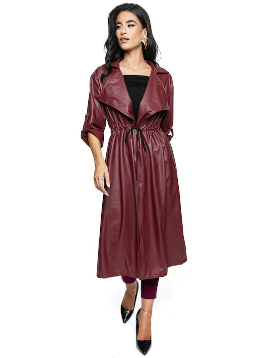 RichgirlBoudoir Women's Leather Long Coat Burgundy