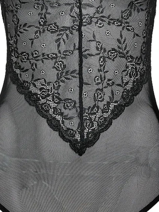 Sleeveless Bodysuit with Mesh & Lace Regular Fit Black