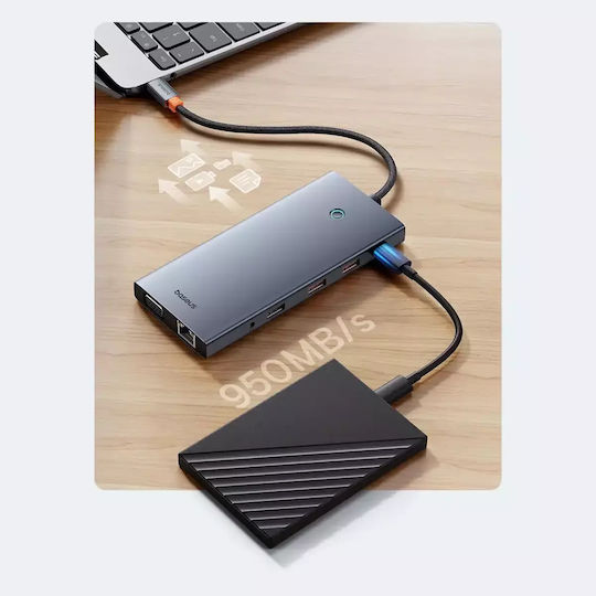 Baseus HUB PortalJoy Series USB-C Docking Station with HDMI/DisplayPort 4K PD Ethernet and Support for 4 Monitors Gray