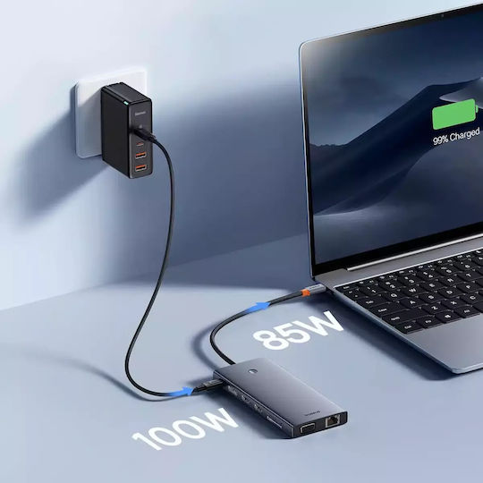 Baseus HUB PortalJoy Series USB-C Docking Station with HDMI/DisplayPort 4K PD Ethernet and Support for 4 Monitors Gray
