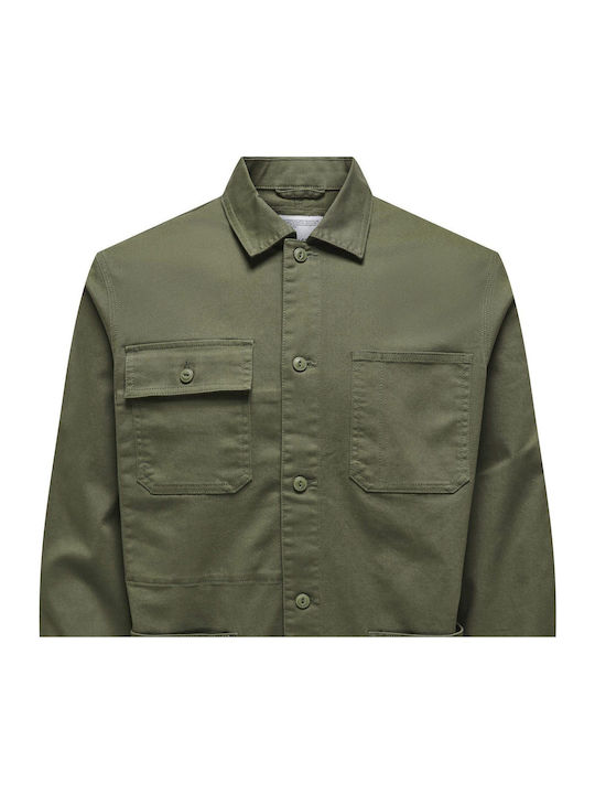 Long Sleeve Overshirt in Wide Line Olive Night